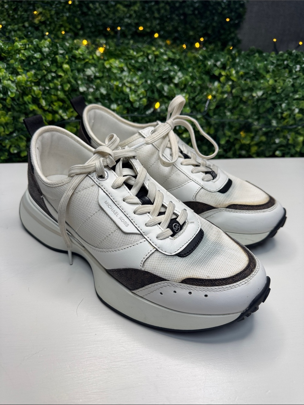 Michael Kors White and Brown Chunky Lace-Up Sneakers